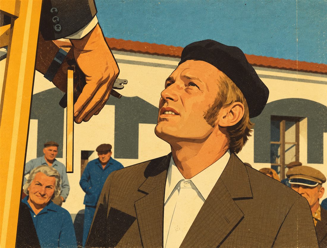 Ilustrácia: muž v barete s nádejou hľadí hore na tabuľu so znakmi